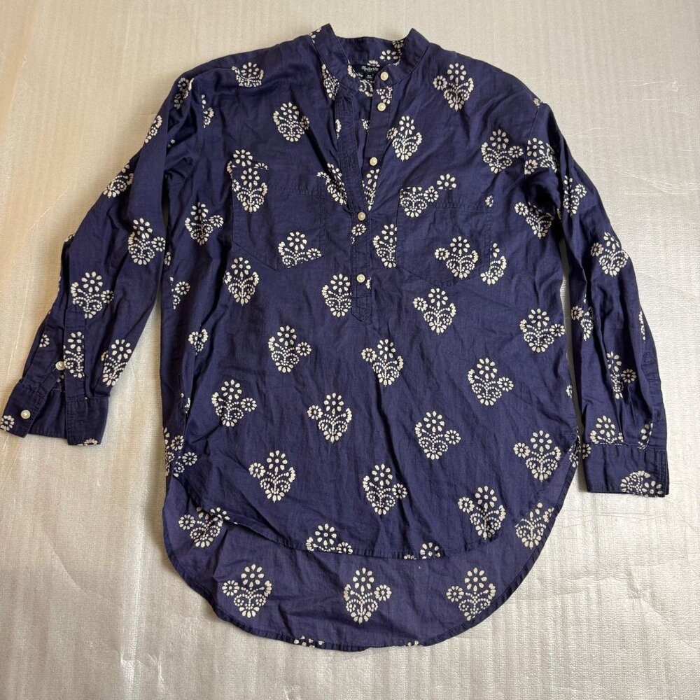 MADEWELL Collarless Teardrop Paisley Print Lightweight Navy Tunic Shirt Women XS